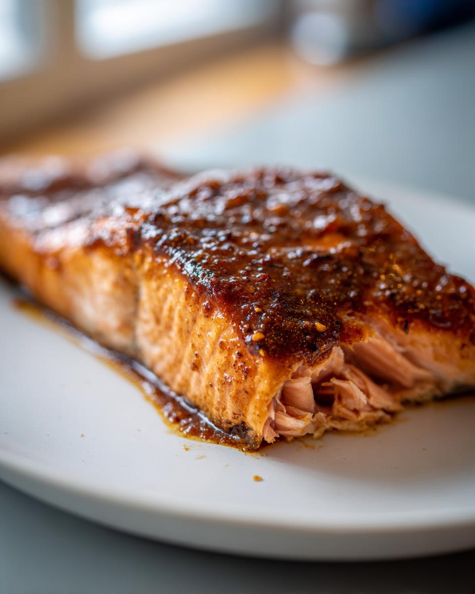 Close-up of a perfectly cooked Miso Salmon fillet with a rich, caramelized glaze resting on a white plate.