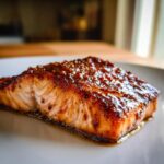 Close-up of a perfectly cooked Miso Salmon fillet with a rich, caramelized glaze resting on a white plate.
