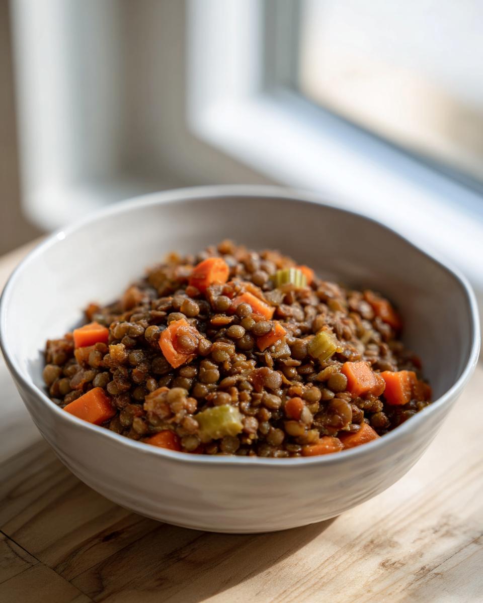 A close-up of a bowl filled with savory One Pot Lentils mixed with diced carrots and celery.