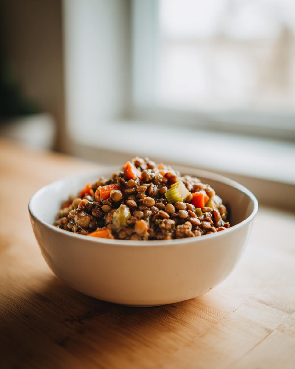 A white bowl filled with savory One Pot Lentils mixed with diced carrots and celery, set on a wooden surface.