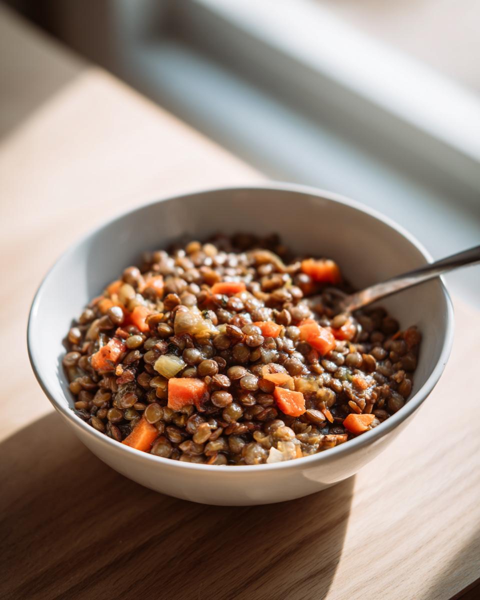 A white bowl filled with cooked One Pot Lentils mixed with diced carrots and onions, resting on a wooden surface.