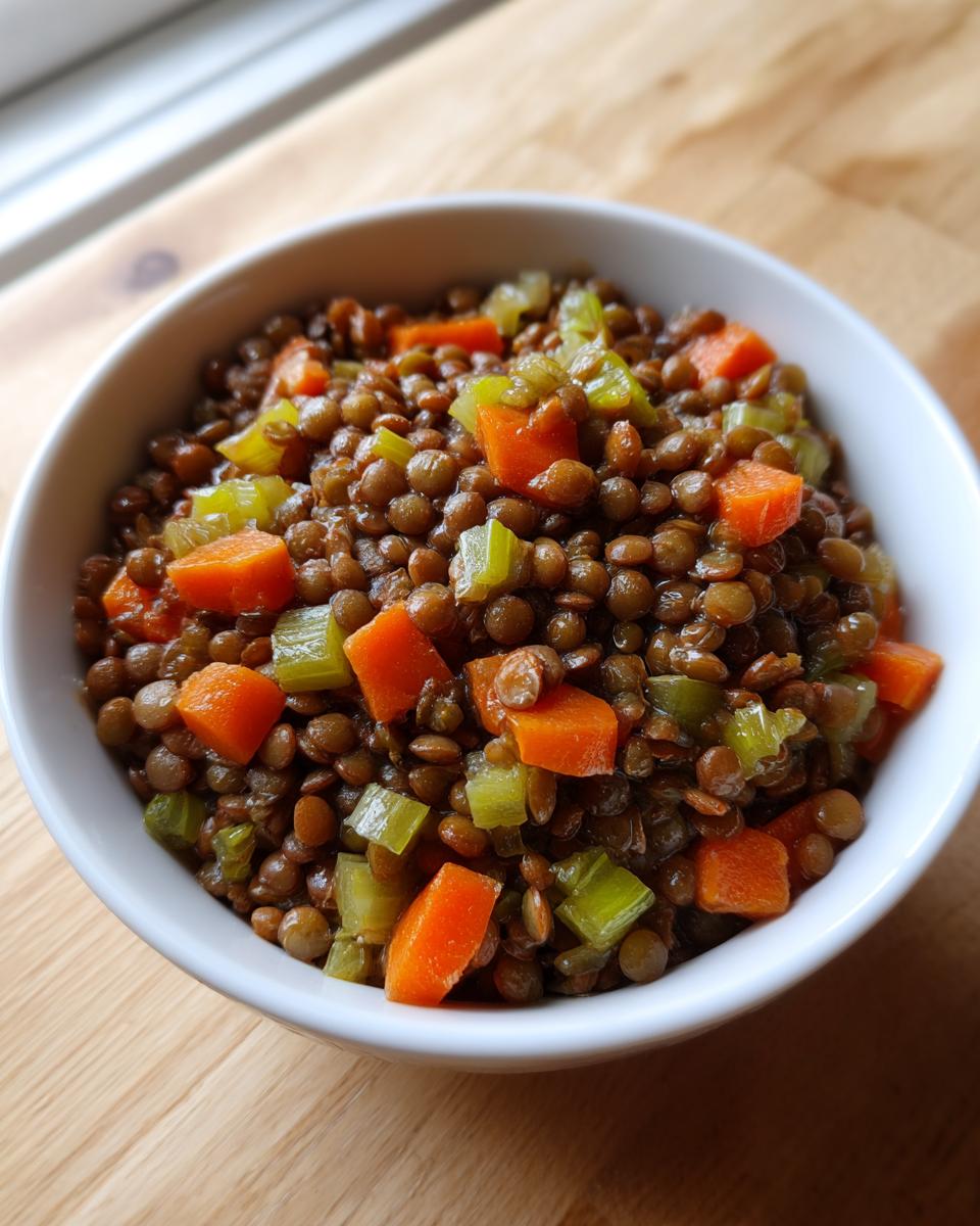 Close-up of a white bowl filled with cooked One Pot Lentils mixed with diced carrots and celery.