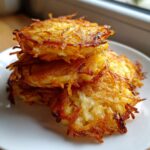 A close-up stack of crispy, golden-brown German Potato Pancakes showing shredded texture.