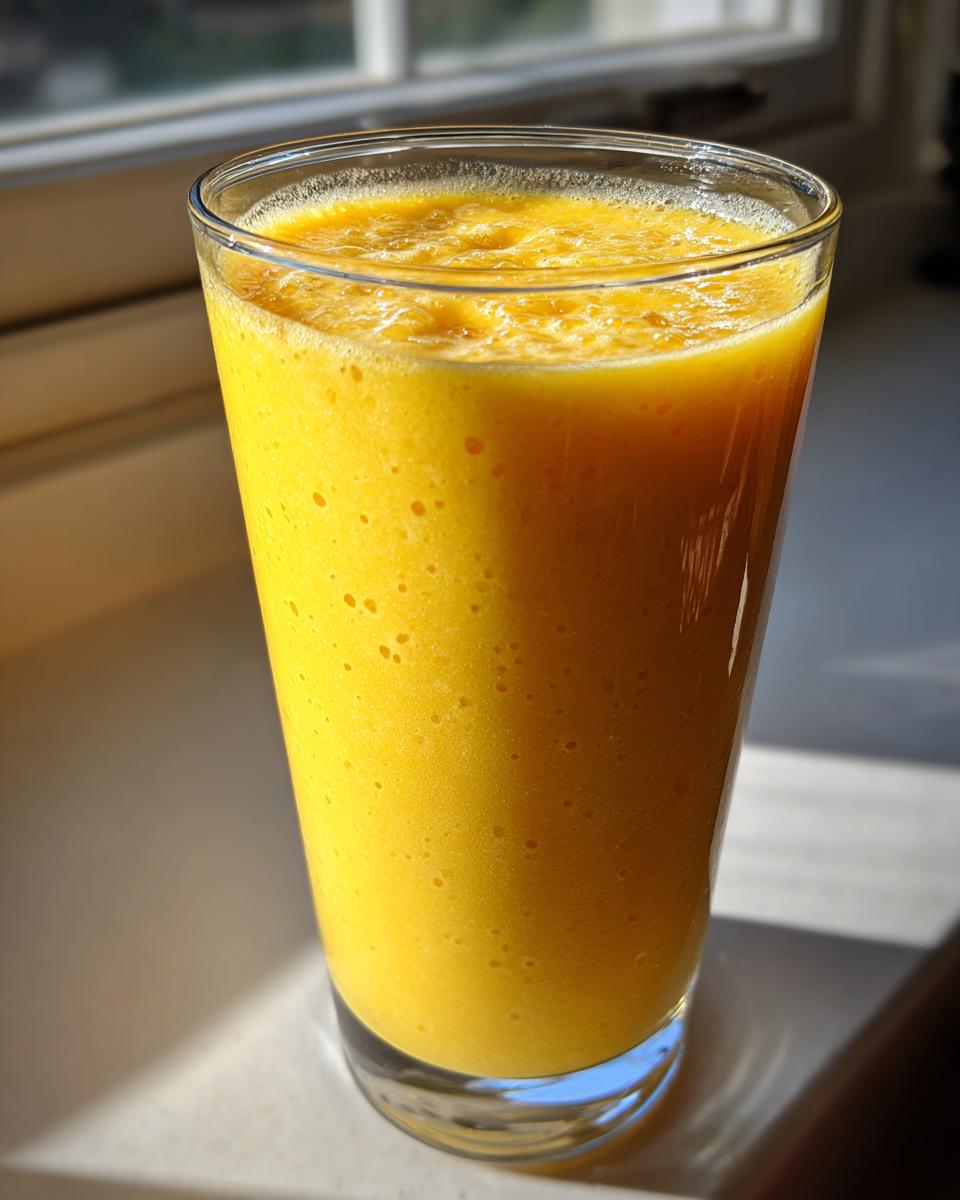 A tall glass filled with a vibrant, thick Pineapple Ginger Smoothie sitting on a sunlit windowsill.