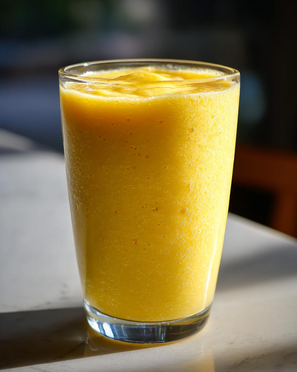 A tall glass filled with a bright yellow, thick Pineapple Ginger Smoothie, sitting on a light surface.