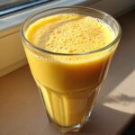 A vibrant, frothy Pineapple Ginger Smoothie served in a tall, textured glass bathed in sunlight.
