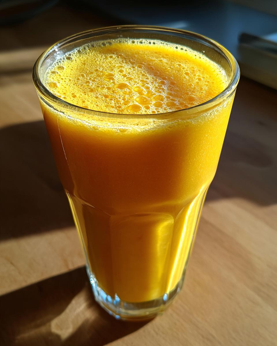 Close-up of a vibrant, frothy Pineapple Ginger Smoothie in a clear glass on a wooden surface.