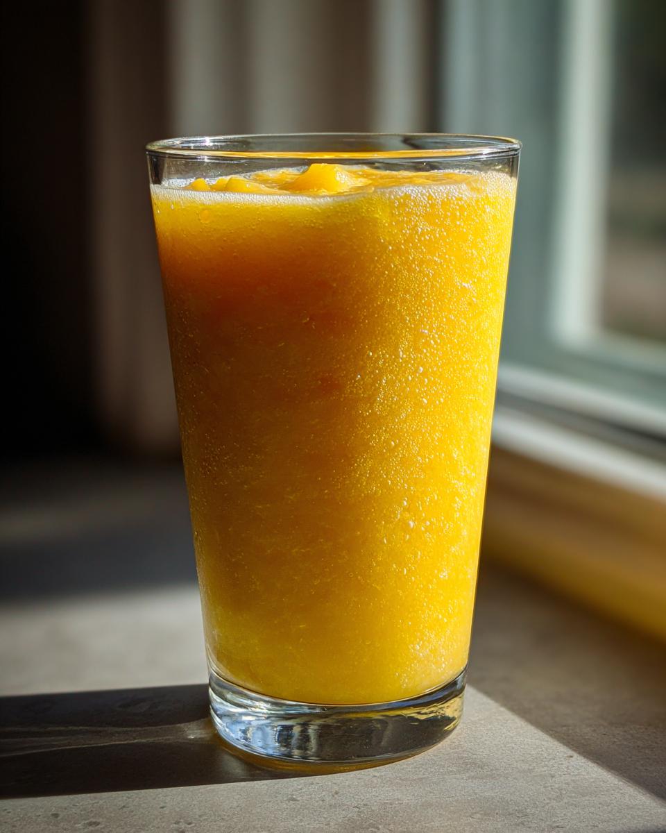A tall glass filled with a vibrant, icy Pineapple Ginger Smoothie, catching sunlight near a window.