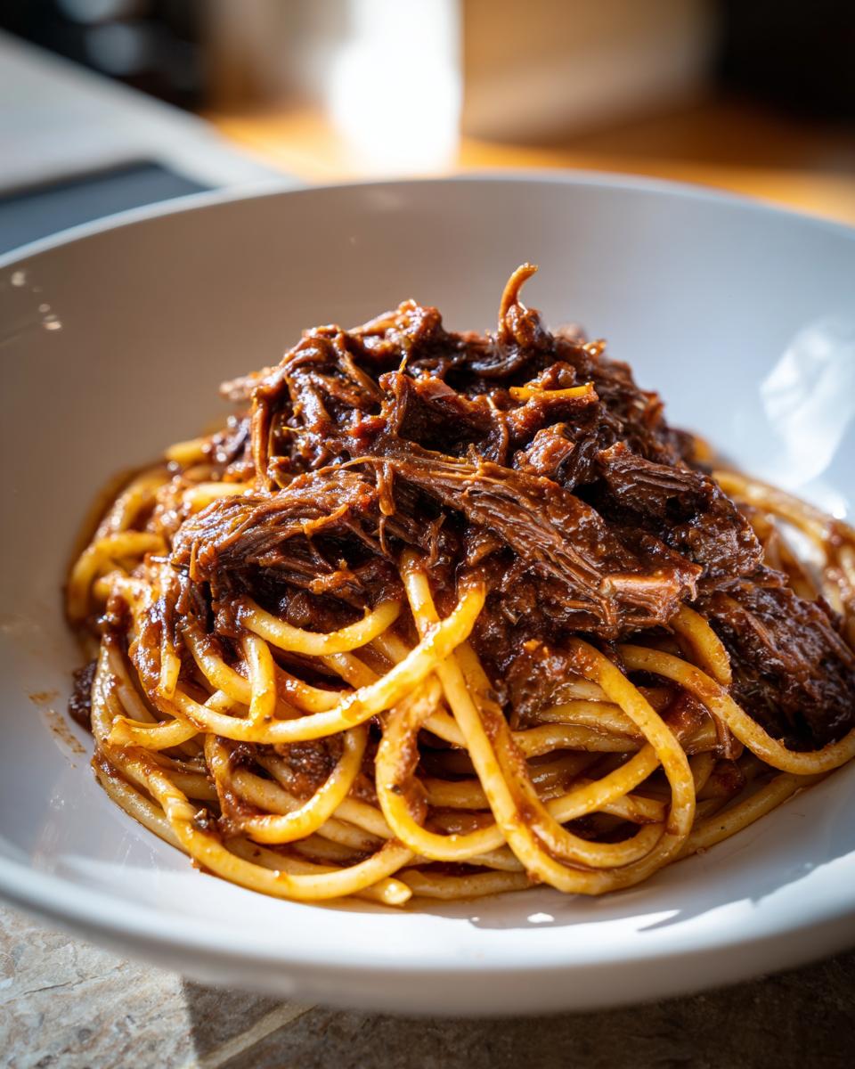 A close-up of thick pasta noodles coated in sauce, topped generously with shredded Short Rib Ragu.