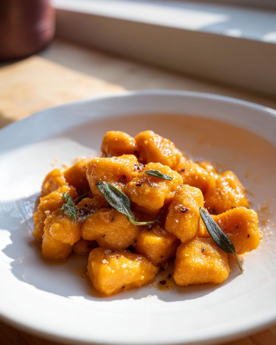 A close-up of bright orange Sweet Potato Gnocchi served in a white bowl with brown butter sauce and fresh sage leaves.