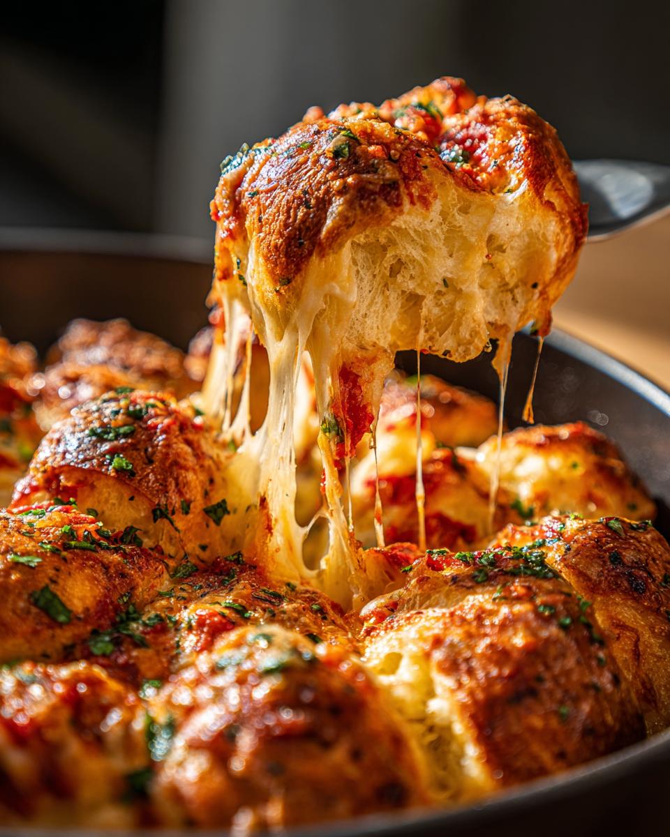 A piece of hot Pull Apart Pizza Bread is lifted, showing extreme cheese pull and a golden, herb-topped crust.