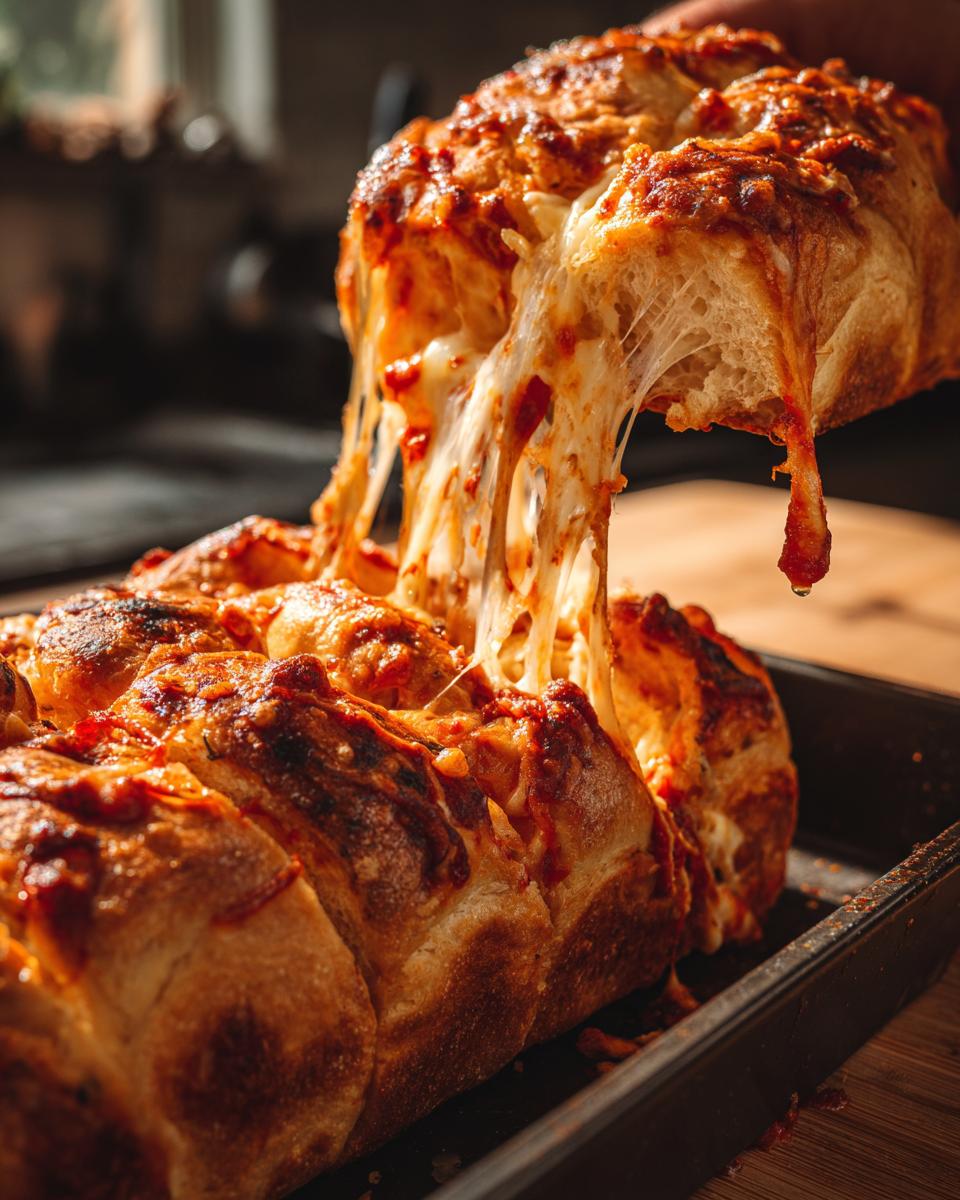 A piece of hot Pull Apart Pizza Bread being lifted, showing extreme, long cheese pulls and melted sauce.