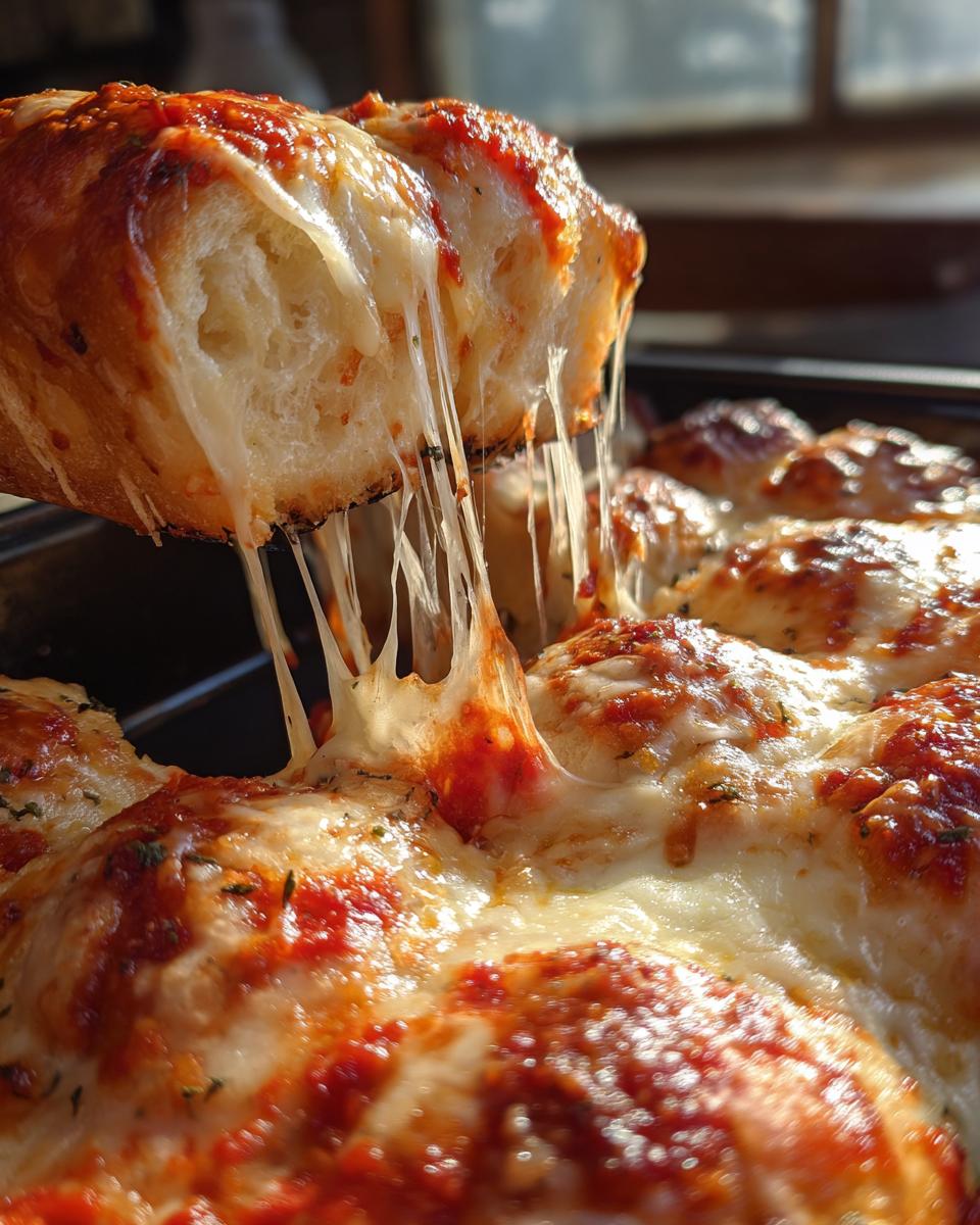 A piece of Pull Apart Pizza Bread is lifted, showing long, gooey strings of melted mozzarella cheese.