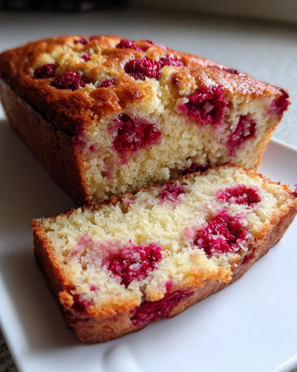 A golden-brown loaf of Raspberry Bread, partially sliced, showing moist crumb and bright red raspberries throughout.