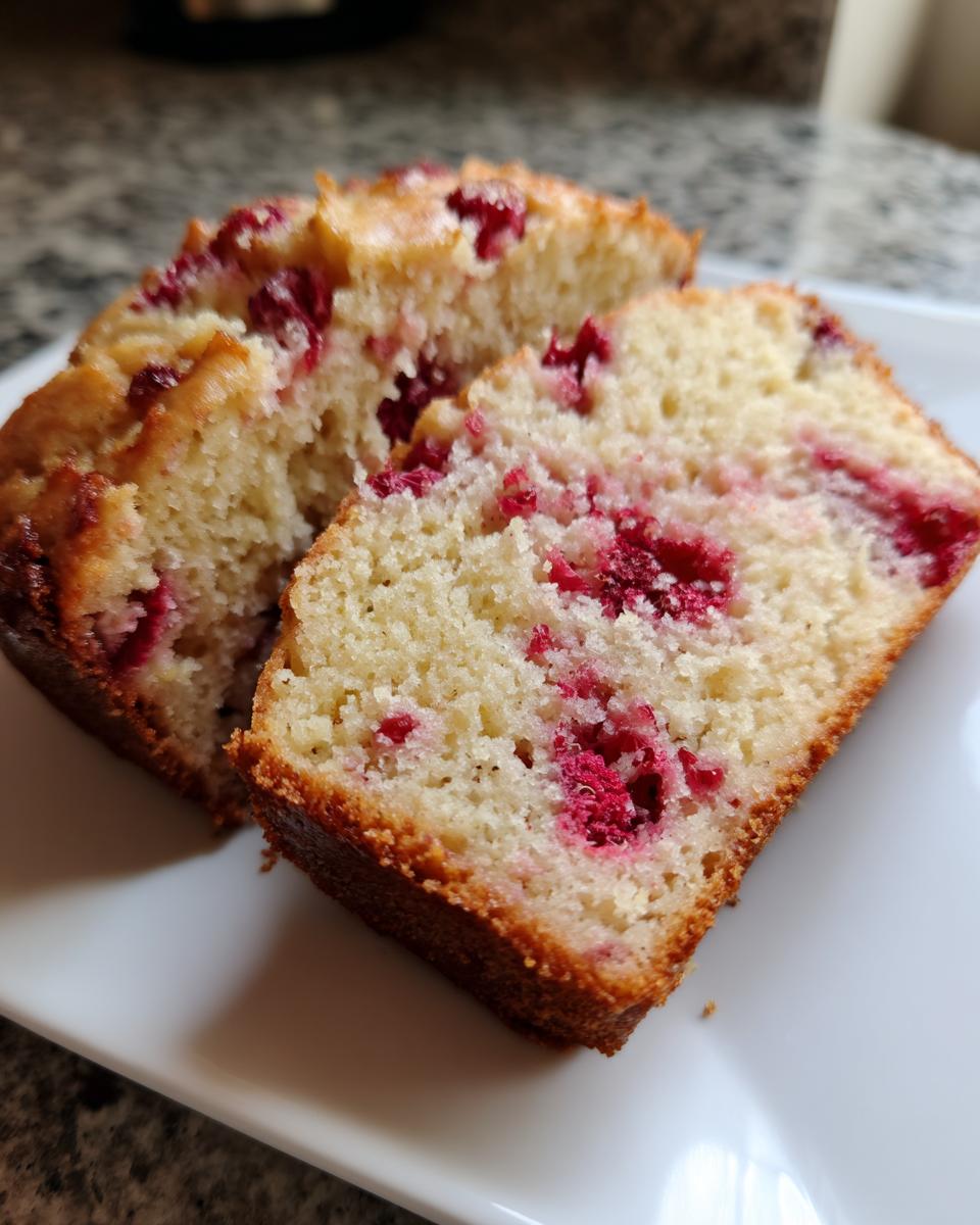 Two thick slices of moist Raspberry Bread showing bright red fruit baked into the light crumb, served on a white plate.