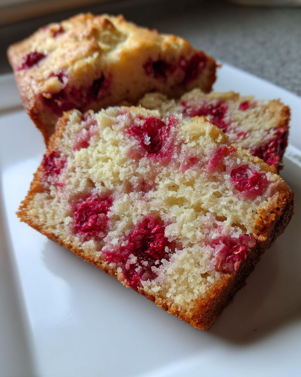 Close-up of two moist slices of Raspberry Bread showing bright red raspberries baked into the light yellow crumb.