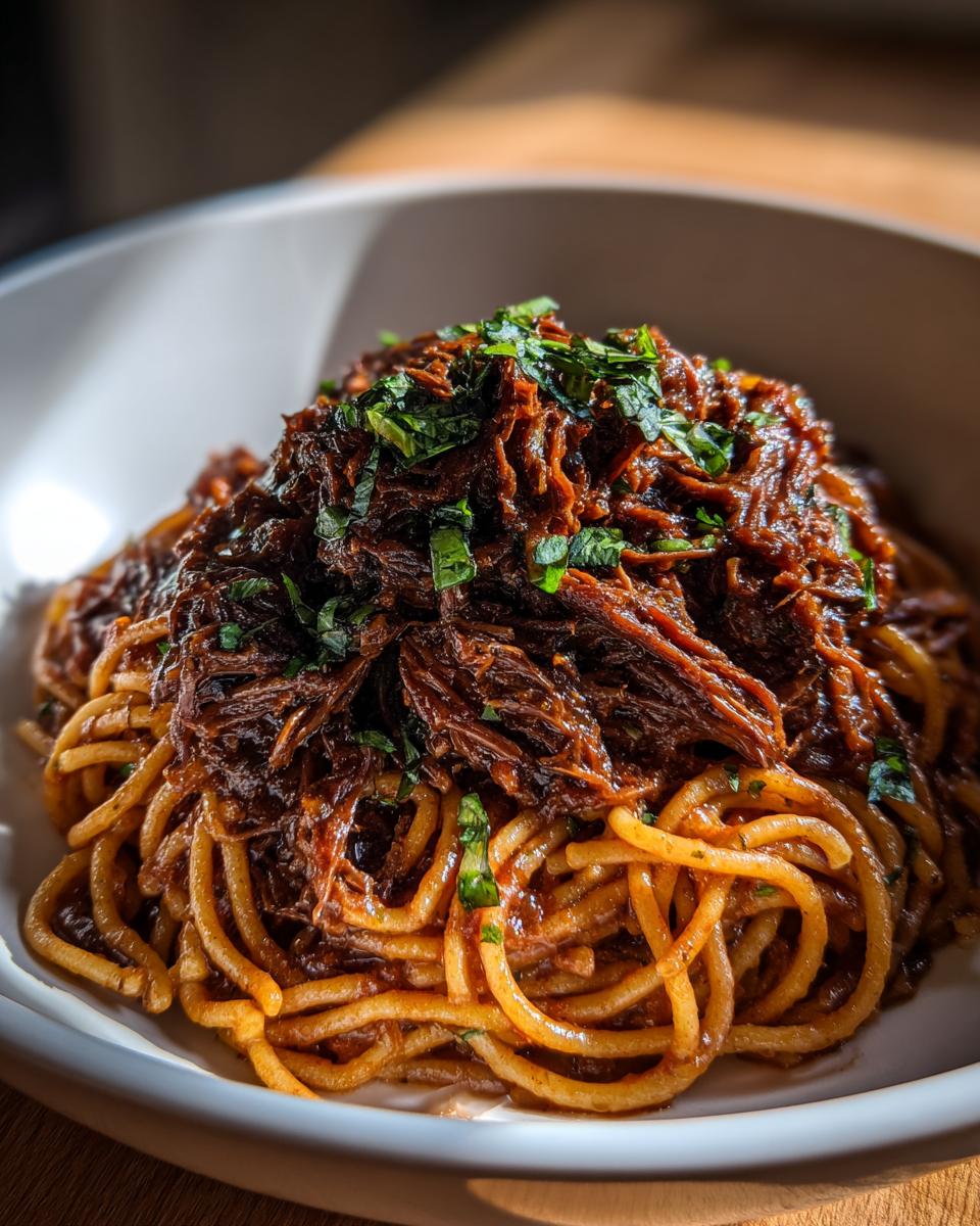 A close-up of a bowl piled high with spaghetti topped generously with rich, shredded Short Rib Ragu and fresh parsley.