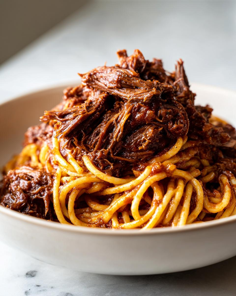 Close-up of a bowl filled with thick spaghetti topped generously with rich, shredded Short Rib Ragu.