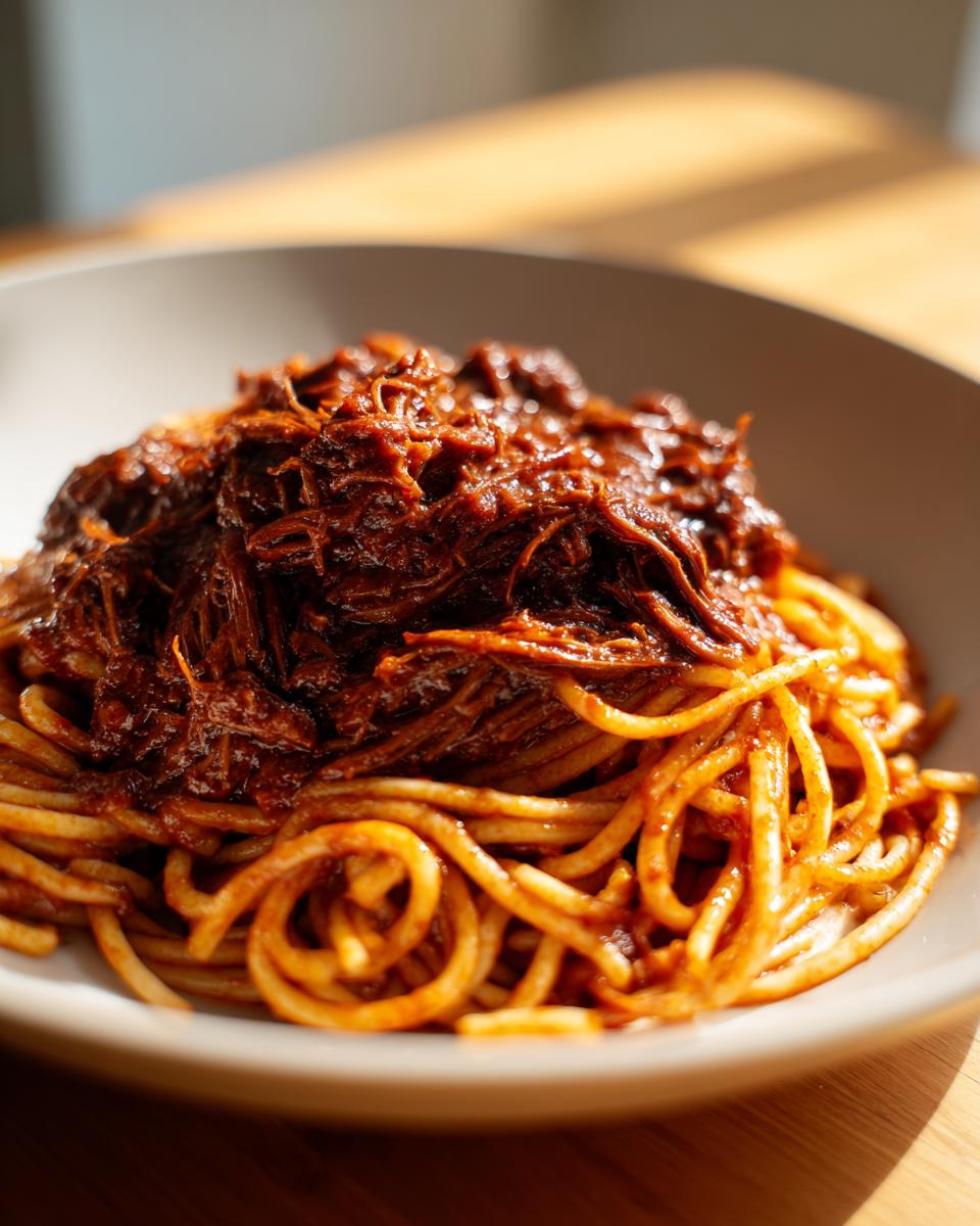 Close-up of a bowl of spaghetti generously topped with rich, shredded Short Rib Ragu sauce.