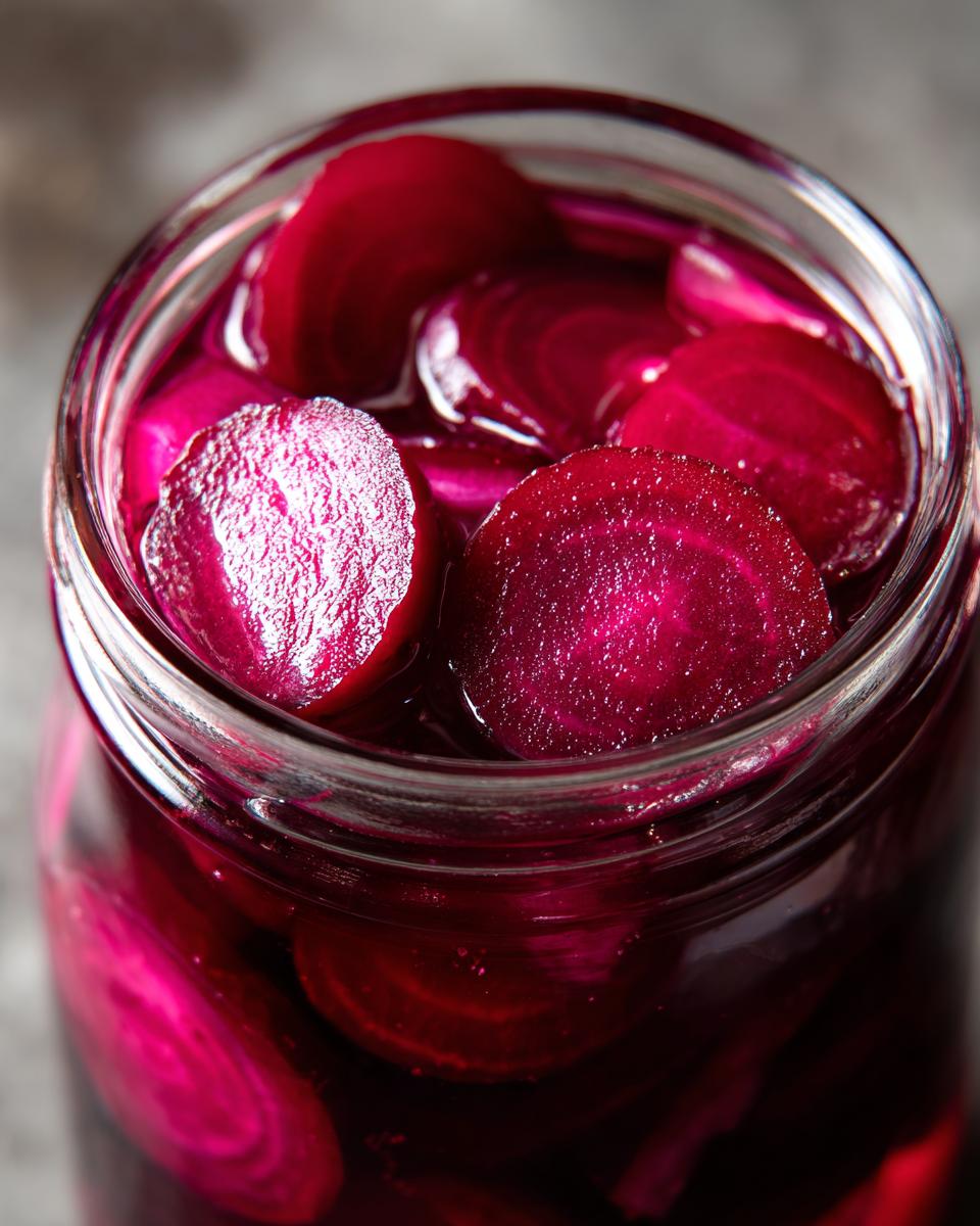 Close-up overhead shot of bright magenta sliced pickled beets submerged in brine inside a clear glass jar.