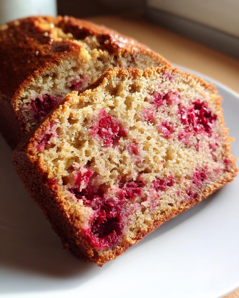 A close-up shot showing two slices of moist Raspberry Bread studded with bright red raspberries on a white plate.