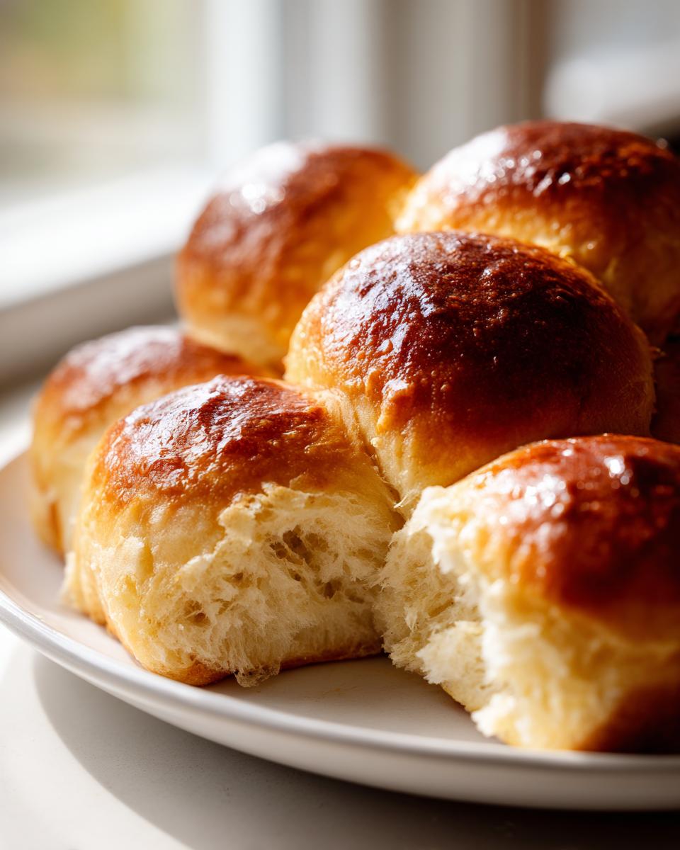 Close-up of several golden-brown, glazed Sweet Potato Rolls piled on a white plate, one roll pulled apart showing soft interior.