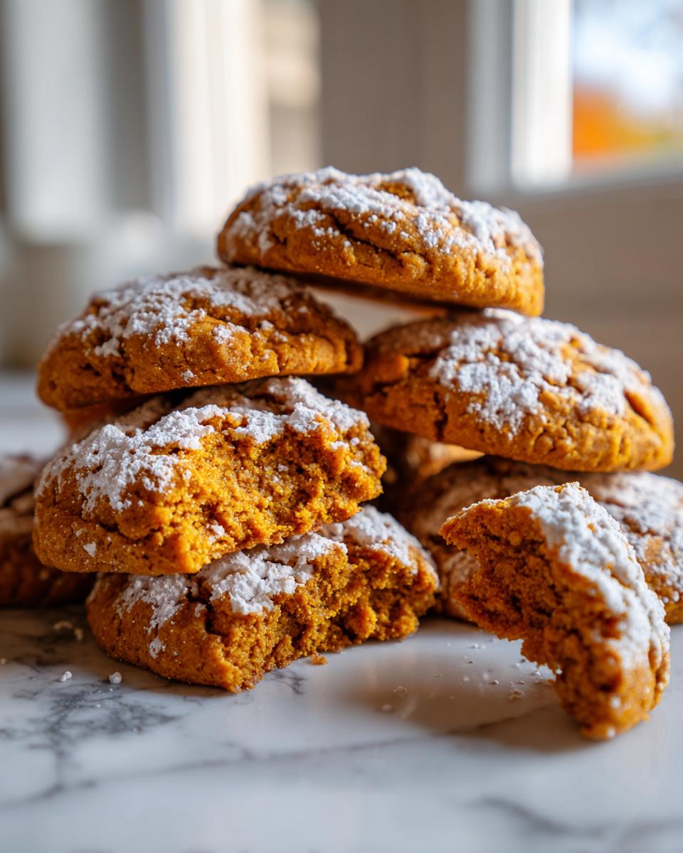 A stack of soft, orange Pumpkin Spice Cookies generously dusted with powdered sugar, with one cookie broken open to show the texture.