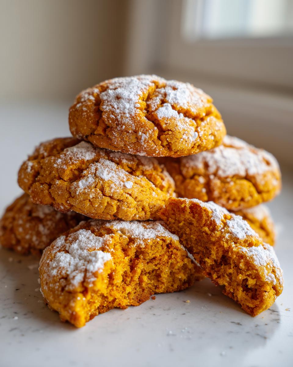 A stack of soft, orange Pumpkin Spice Cookies dusted heavily with powdered sugar, one cookie broken open to show the texture.