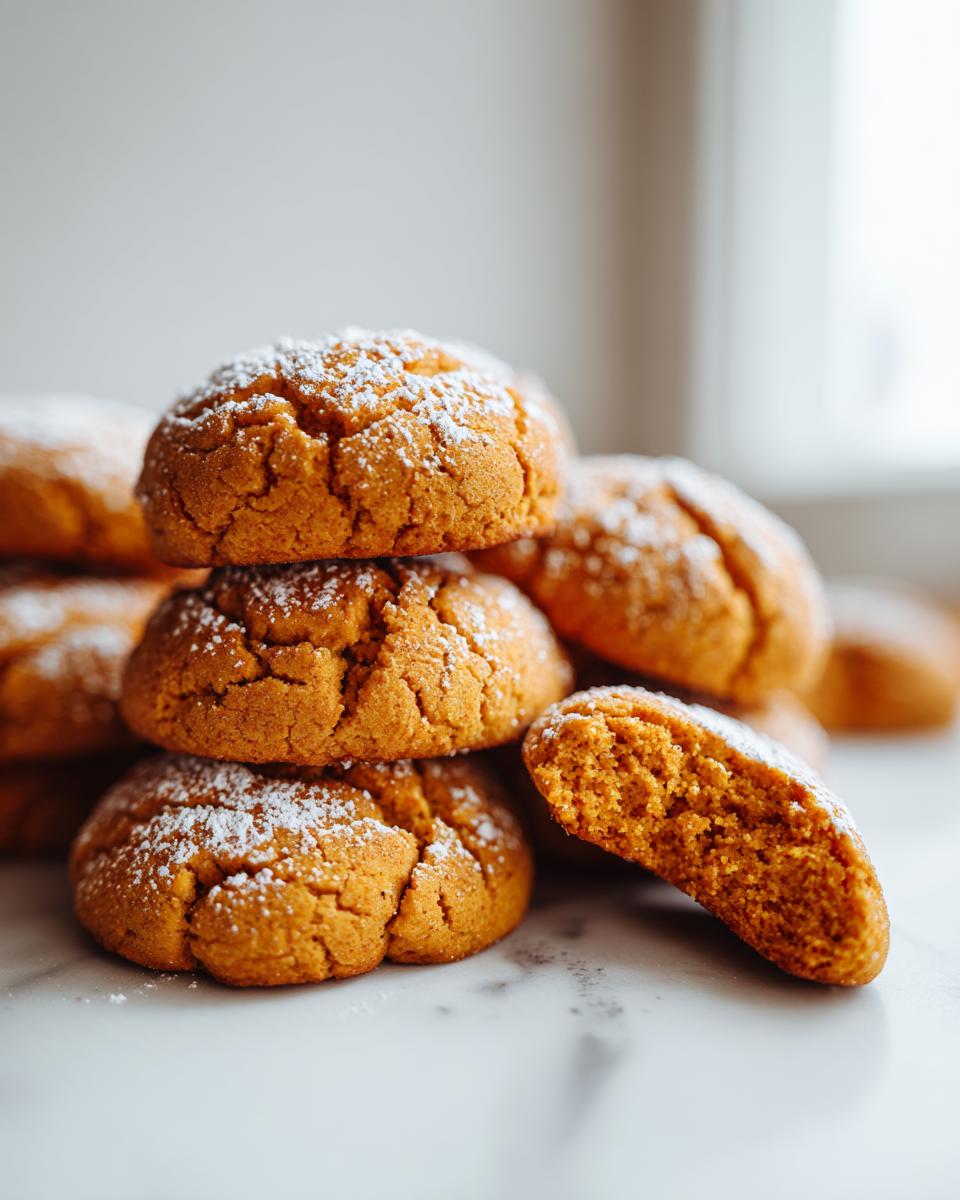 A stack of soft, cracked Pumpkin Spice Cookies dusted with powdered sugar, with one cookie broken open showing the texture.