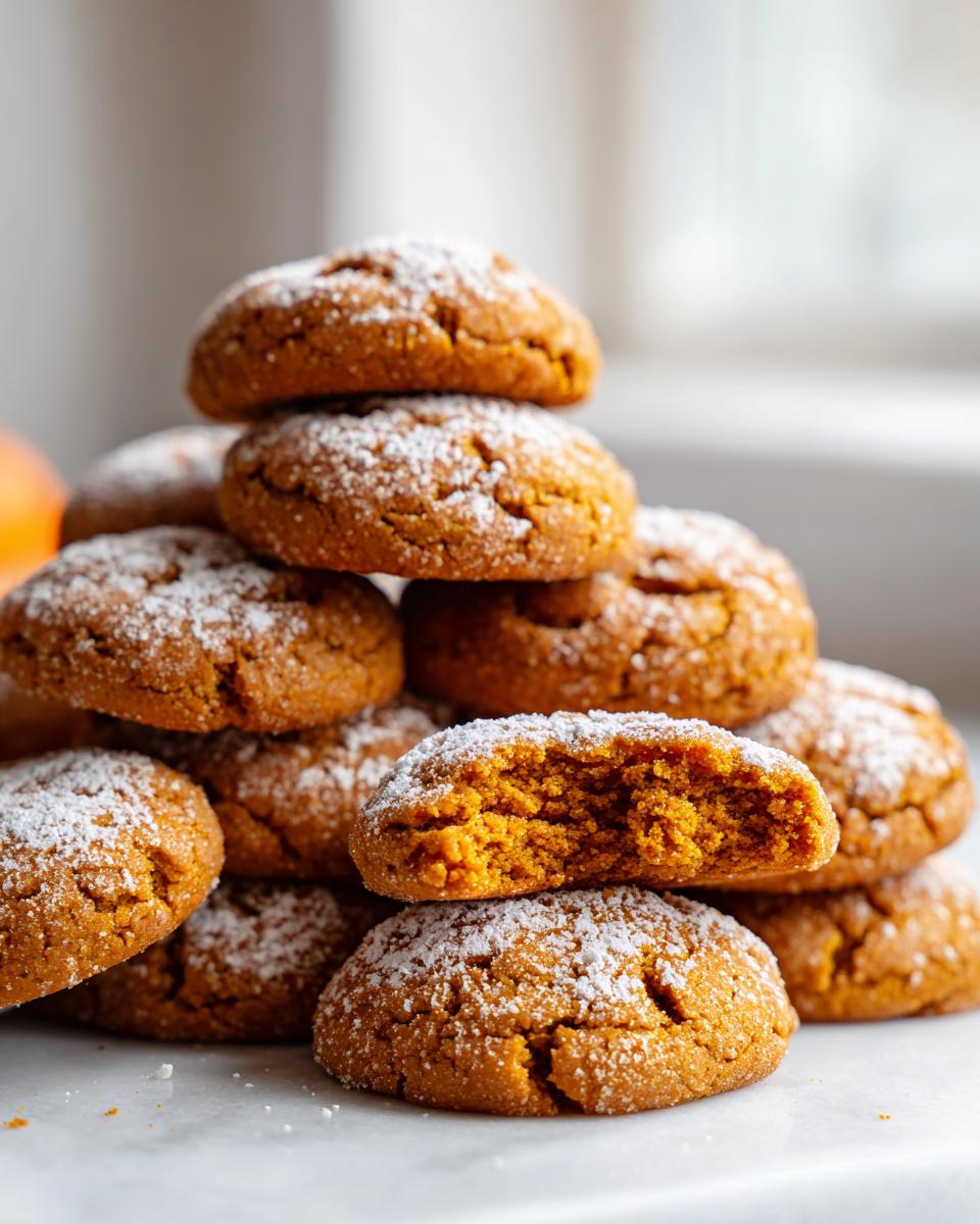 A stack of soft Pumpkin Spice Cookies dusted with powdered sugar, one cookie is broken open showing the moist interior.
