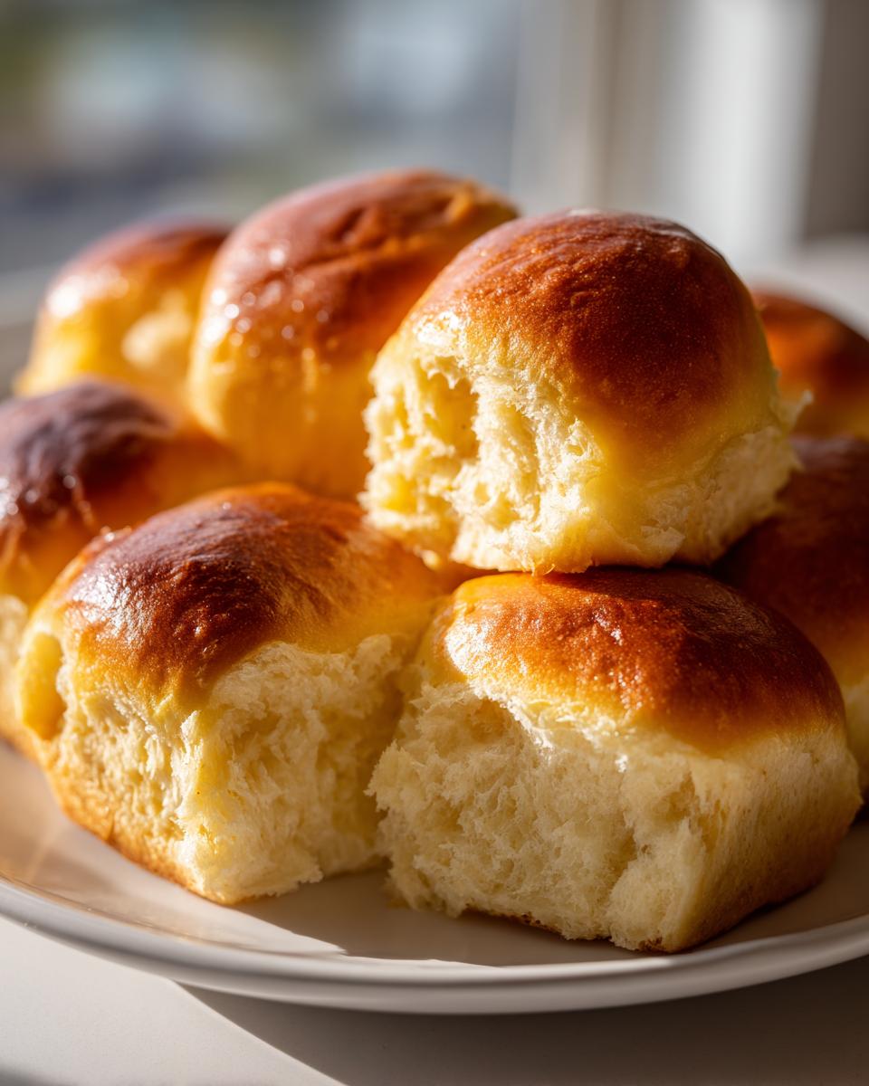 A stack of golden-brown, shiny Sweet Potato Rolls showing their fluffy interior texture.