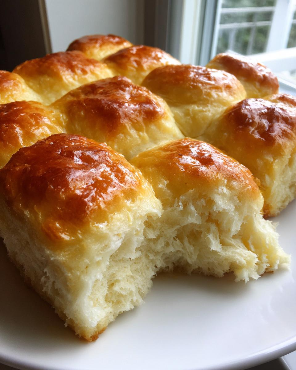 Close-up of fluffy, golden-brown Sweet Potato Rolls, with one roll pulled apart to show the soft interior.