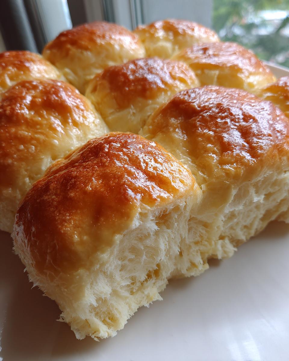 Close-up of fluffy Sweet Potato Rolls with a shiny, golden-brown glaze, showing the soft interior texture.
