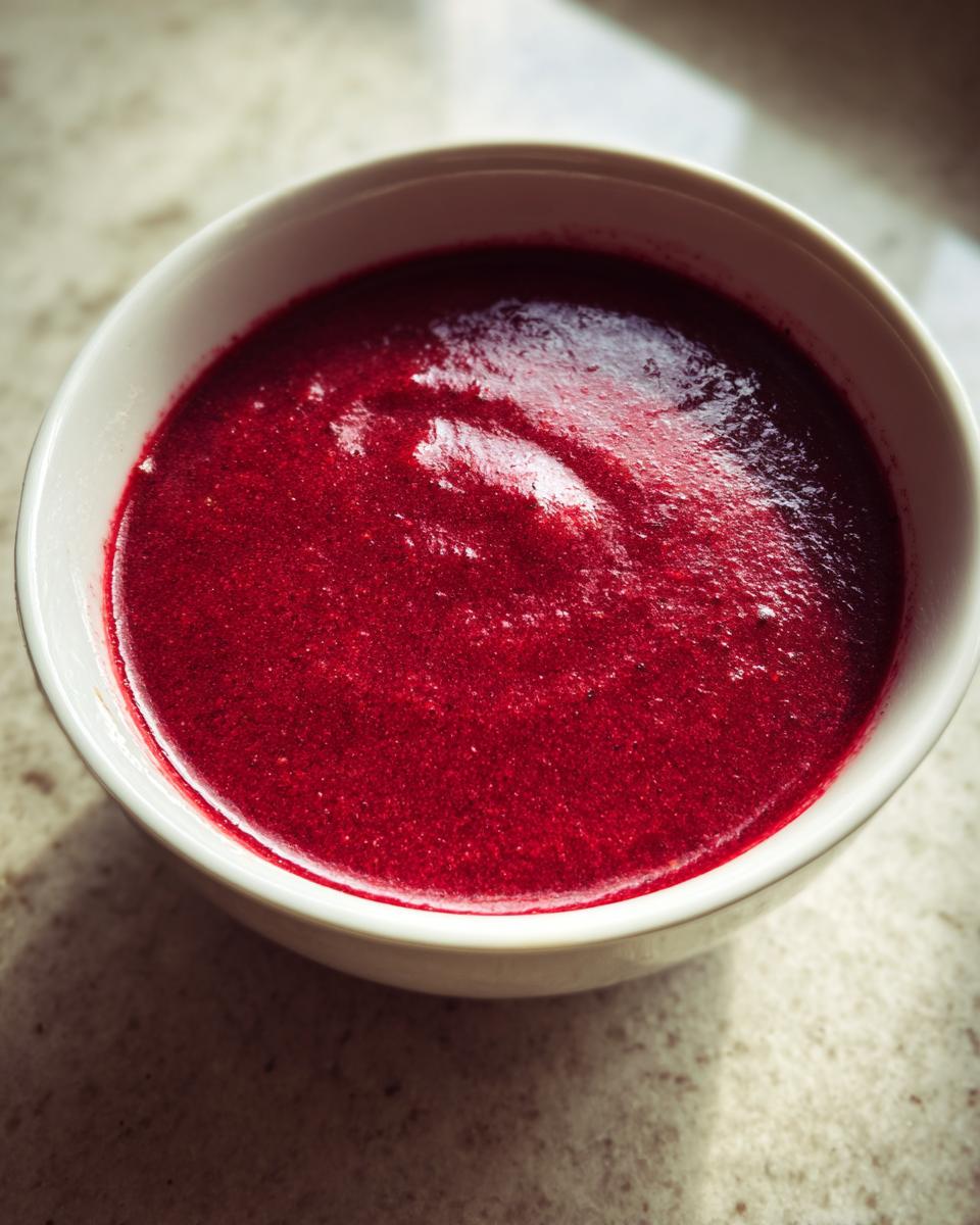 Close-up of a bowl filled with vibrant, deep red Spiced Cranberry Soup, showing a slightly textured surface.
