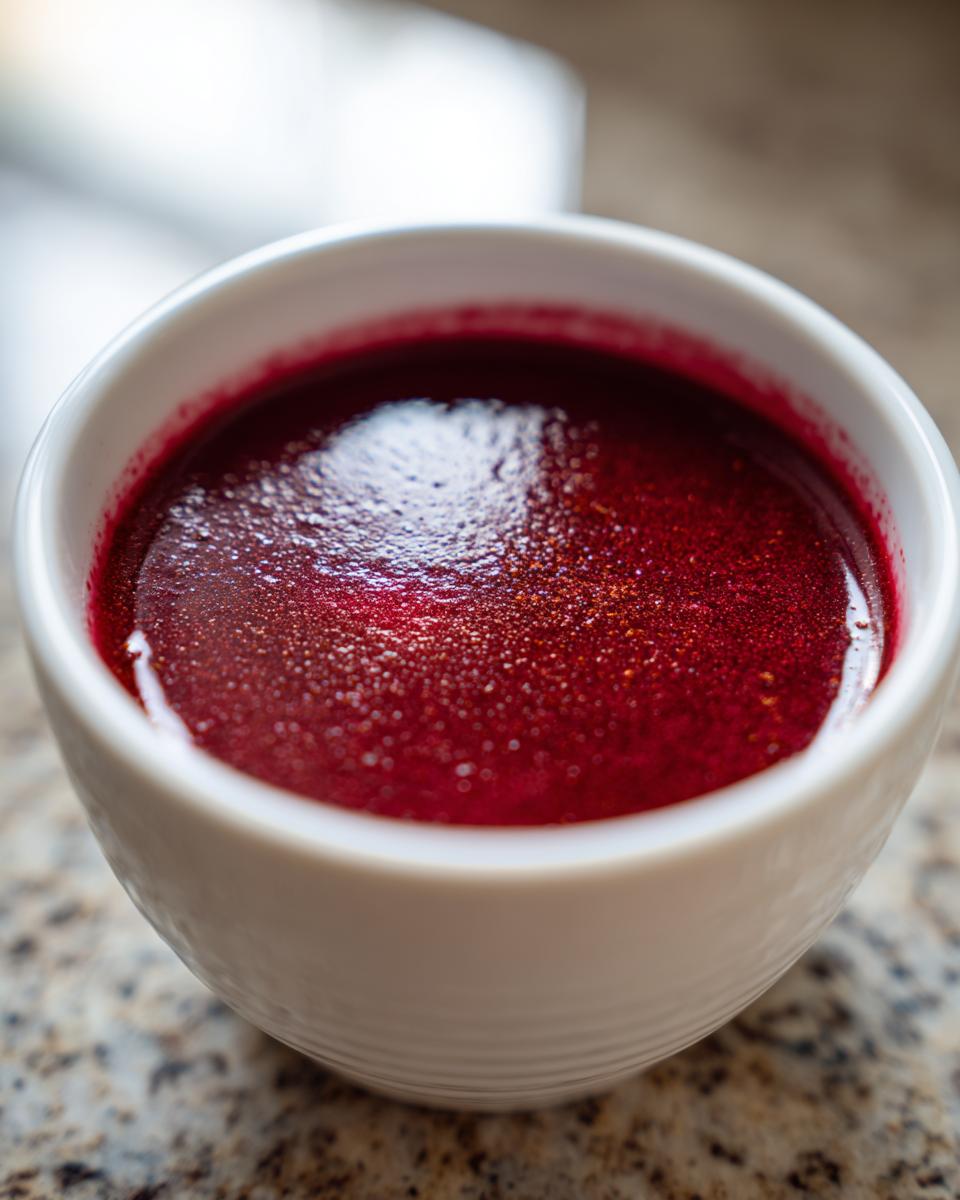 Close-up of rich, deep red Spiced Cranberry Soup sprinkled with spices in a white bowl.