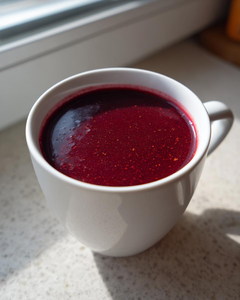A close-up of bright, deep red Spiced Cranberry Soup served hot in a white ceramic mug.