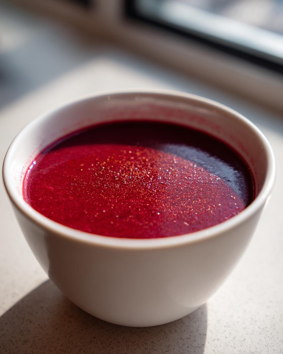 Close-up of a vibrant, deep red Spiced Cranberry Soup sprinkled with spices in a white bowl.
