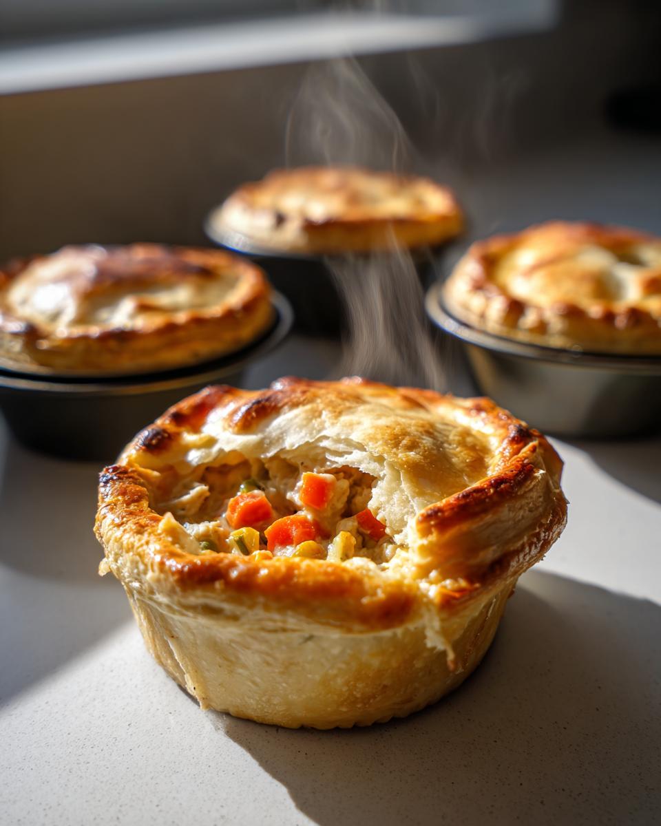 Close-up of a hot Turkey Pot Mini Pie with steam rising, showing the flaky crust and vegetable filling.