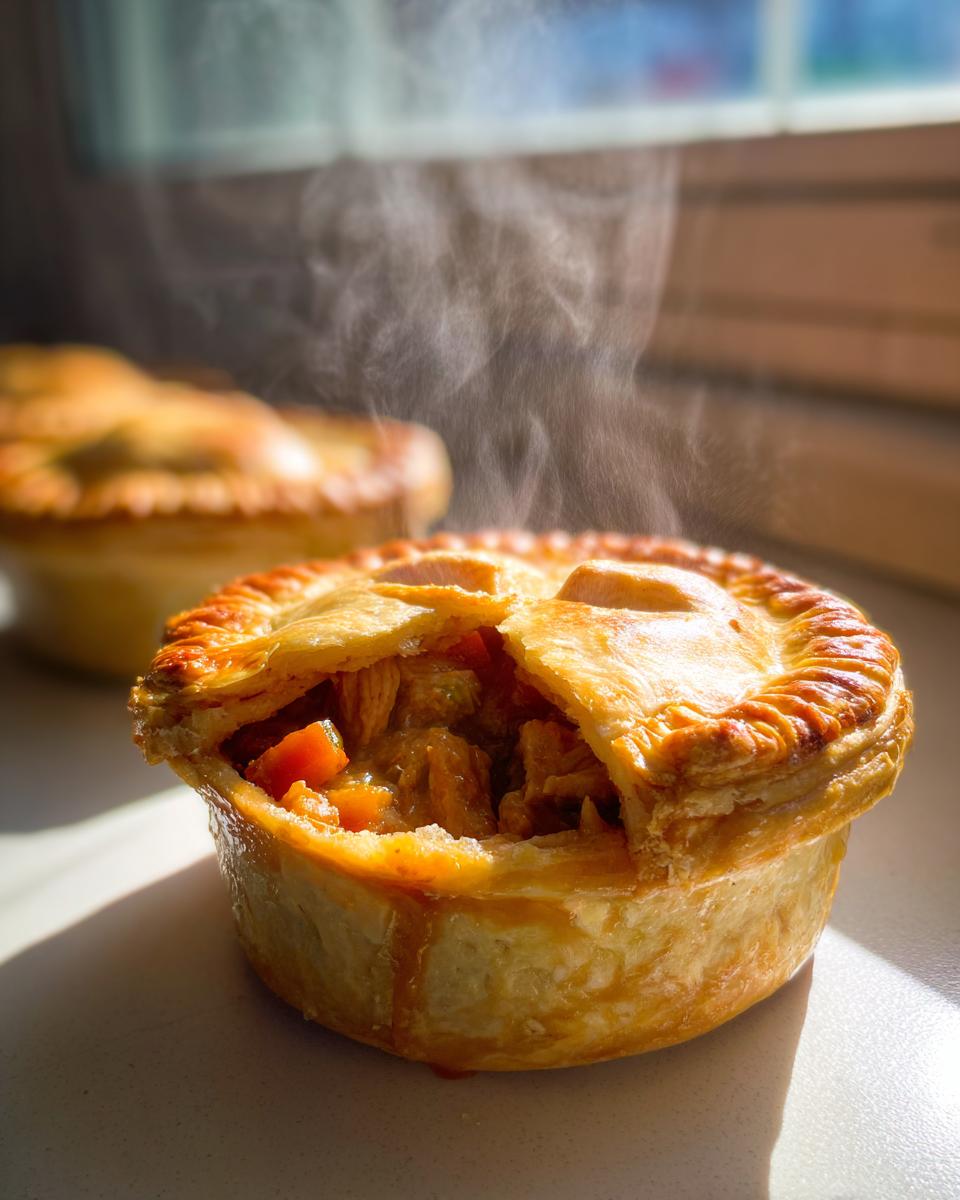 Close-up of a hot, steaming Turkey Pot Mini Pie with a flaky crust revealing turkey and carrots inside.