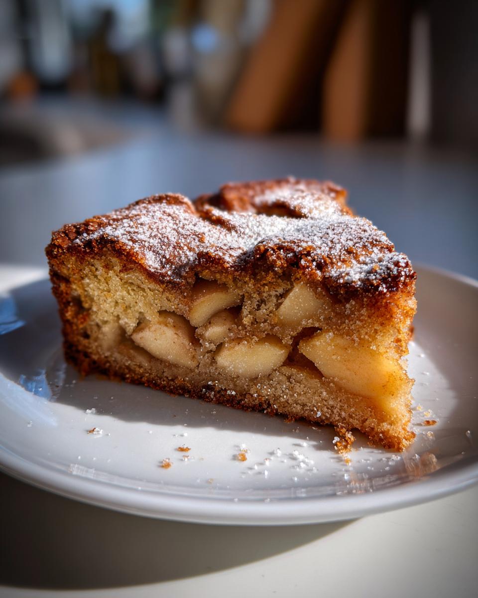 A close-up slice of moist Swedish Apple Cake, topped with powdered sugar, sitting on a white plate.