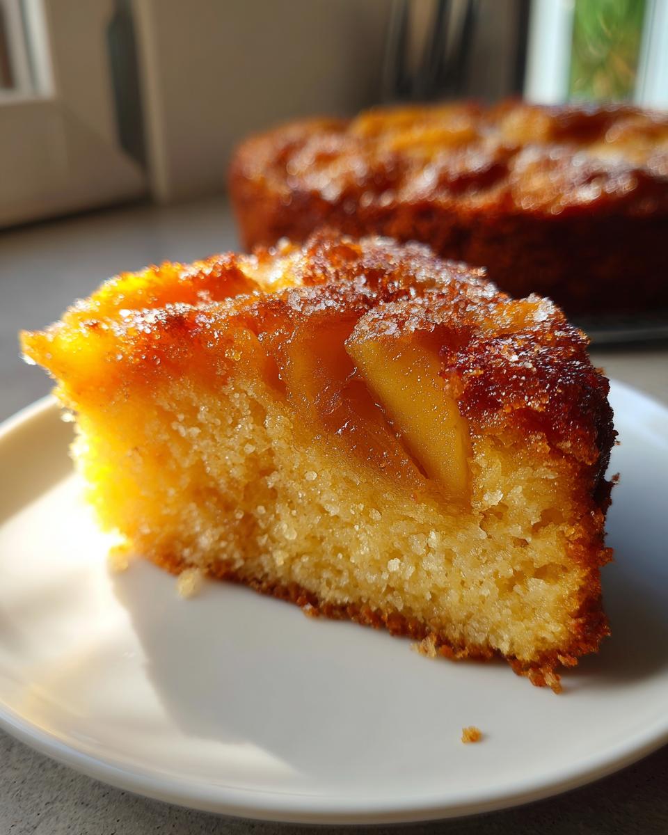 Close-up of a moist slice of Swedish Apple Cake featuring caramelized apples and a sparkling sugar crust.