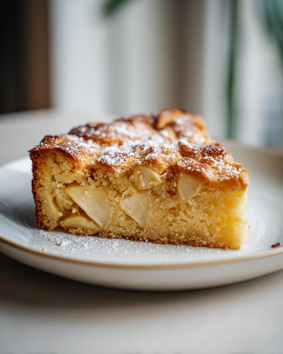 A close-up of a moist slice of Swedish Apple Cake, studded with apple pieces and dusted with powdered sugar.
