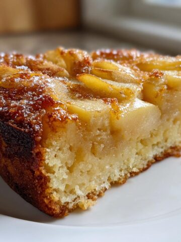 A close-up of a moist slice of Swedish Apple Cake topped with caramelized, glazed apple slices.
