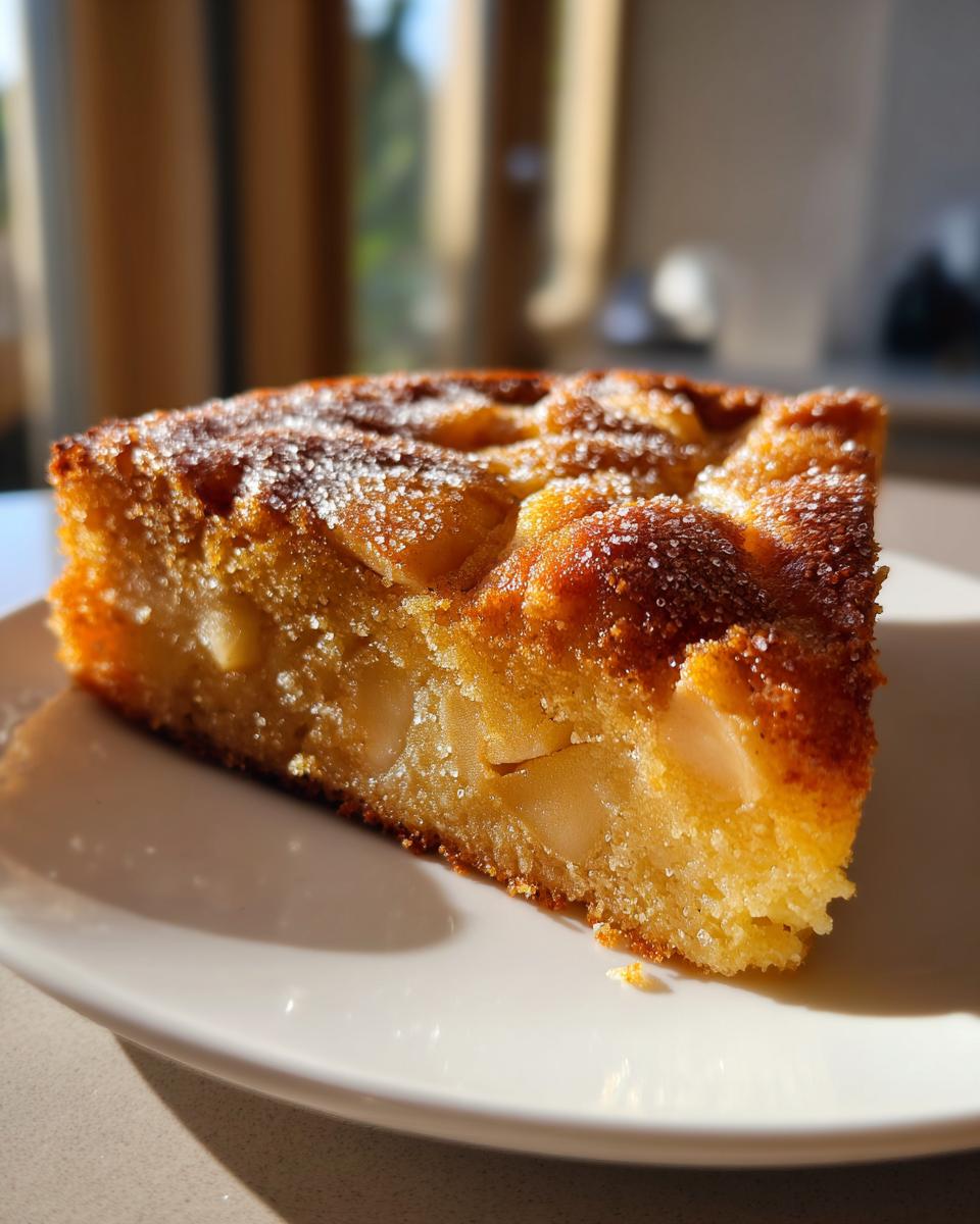 A golden slice of Swedish Apple Cake topped with coarse sugar, sitting on a white plate in bright sunlight.