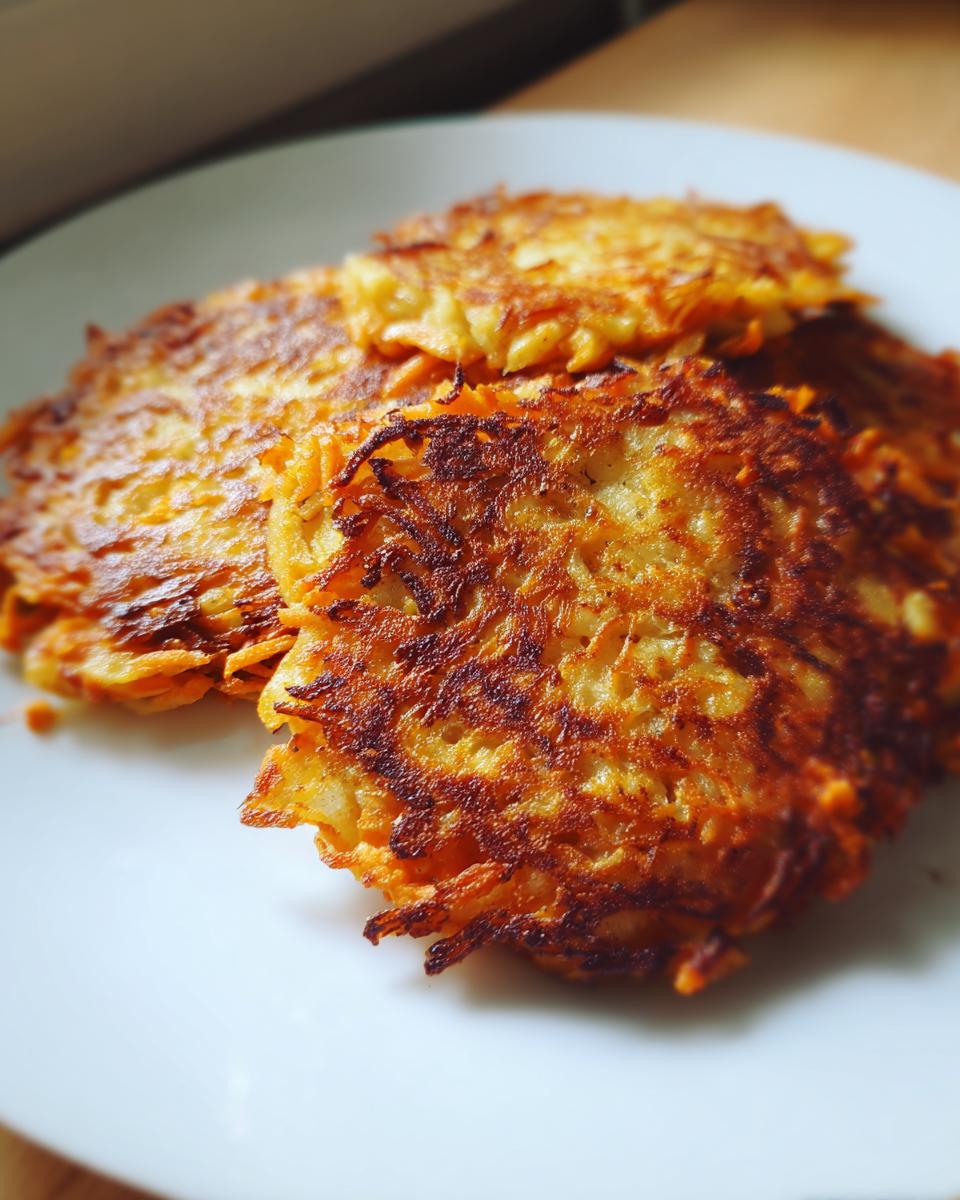 Close-up of three crispy, golden-brown Sweet Potato Apple Hash Browns stacked on a white plate.