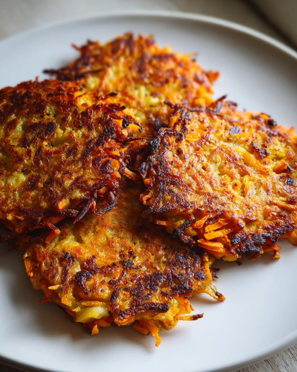 Close-up of three golden-brown, crispy Sweet Potato Apple Hash Browns served on a white plate.