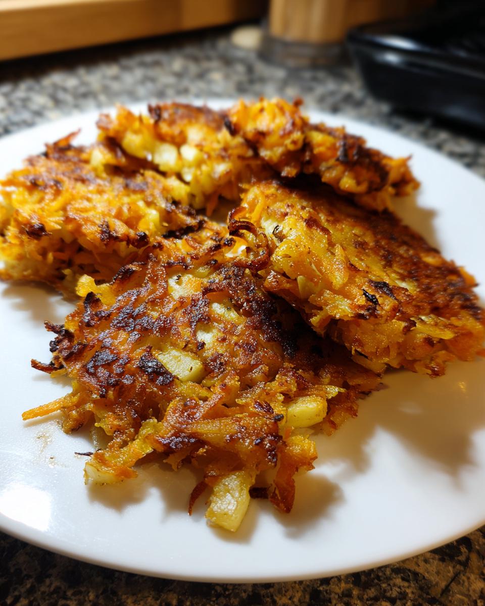 Close-up of several golden-brown, crispy Sweet Potato Apple Hash Browns served on a white plate.
