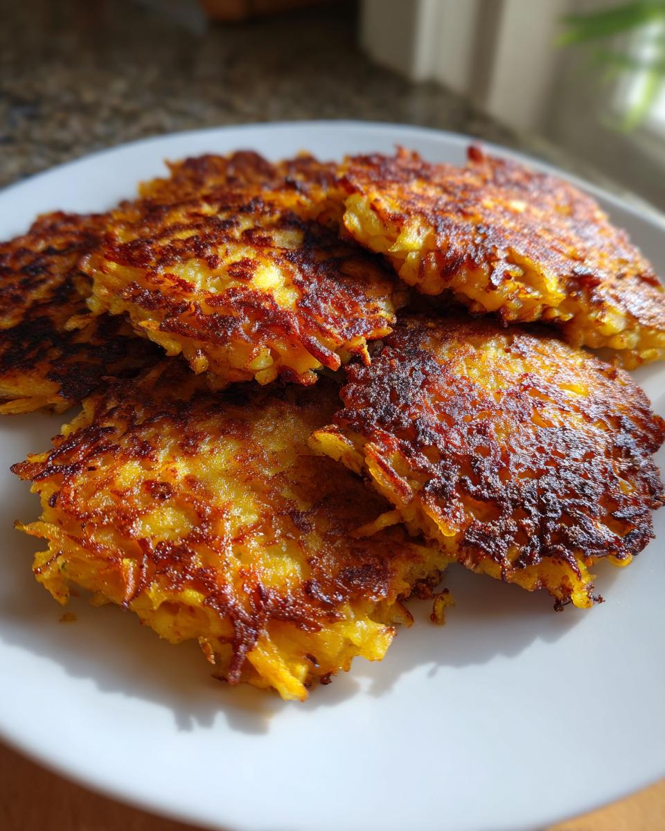 A stack of golden brown, crispy Sweet Potato Apple Hash Browns piled on a white plate.