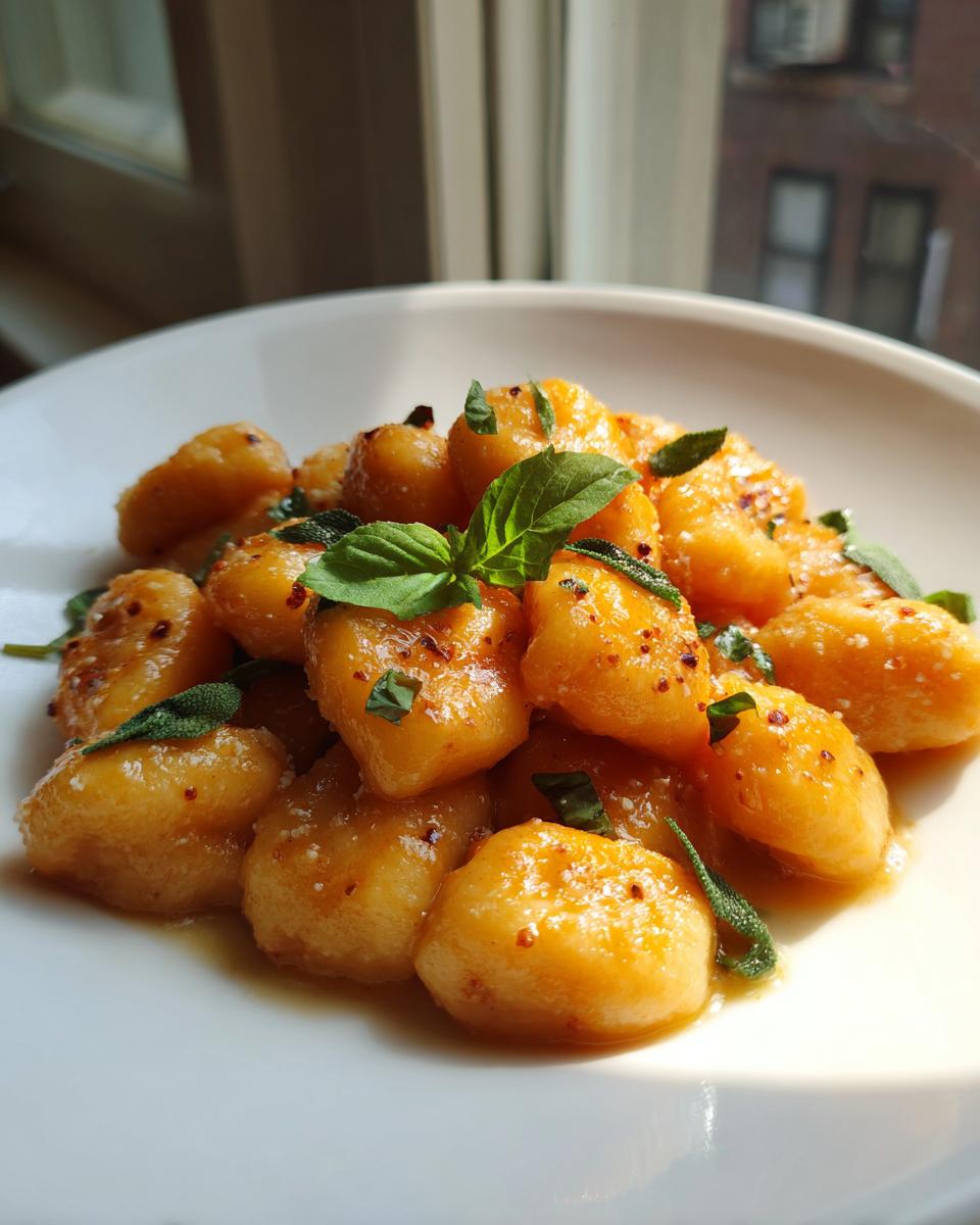 A close-up of homemade Sweet Potato Gnocchi tossed in a light brown butter sauce and garnished with fresh sage leaves.