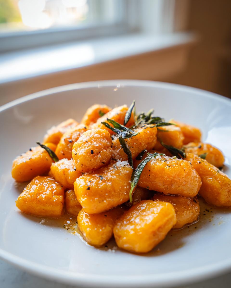 Close-up of bright orange Sweet Potato Gnocchi tossed in butter sauce, topped with grated Parmesan and crispy sage leaves.